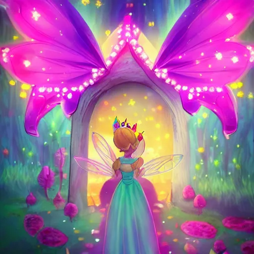 Image similar to fairy princess clothing store in a woodland grove, neon wings cute colorful pretty artistic girly 4 k artstation trending dramatic lighting