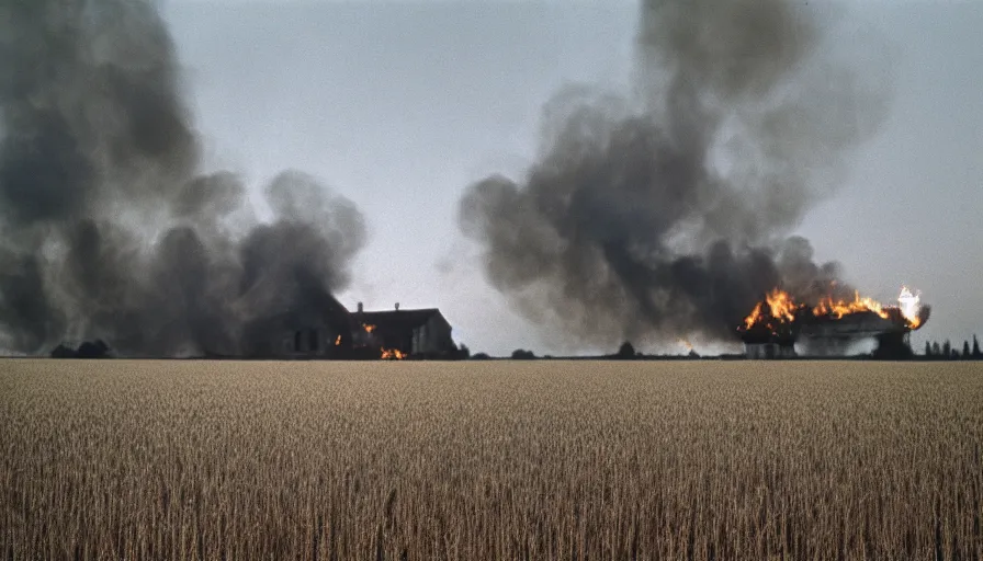 Image similar to 1 9 7 0 s movie still of a burning french house in a wheat field, cinestill 8 0 0 t 3 5 mm, high quality, heavy grain, high detail, texture, dramatic light, ultra wide lens, panoramic anamorphic, hyperrealistic