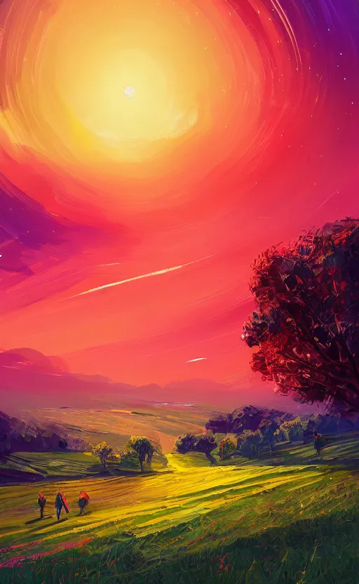 Prompt: a beautiful illustration of the shire at sunset, art of alena aenami, featured on artstation, vertical orientation, paint brush strokes, expressionism, brushstroke - laden, breathtaking clouds, birds, ocean, beautiful stars, long exposure, big sun radius, airy theme, red purple gradient, lens flare