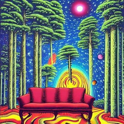 Image similar to psychedelic trippy couch pine forest, planets, milky way, sofa, cartoon by rob gonsalves