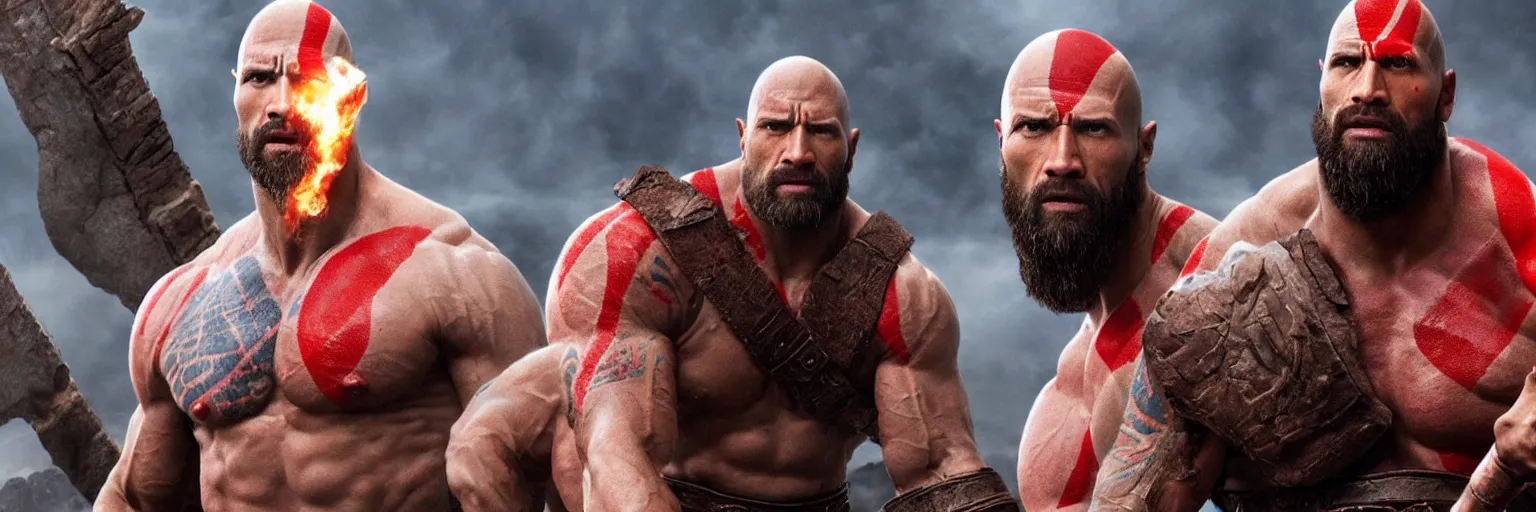 Prompt: Dwayne Johnson as God of war,red and blue smokes around him, professional photography, cinematic view