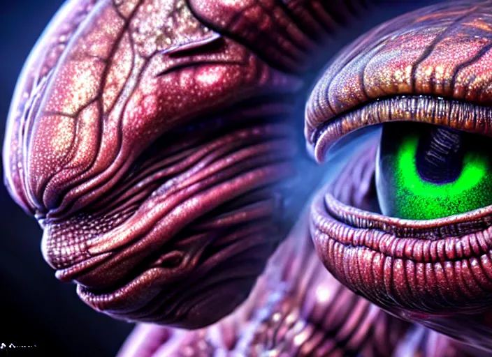 Prompt: hyperrealism, detailed textures, photorealistic 3 d render, an alien with crimsom coloured eyes in a super star system from 5 million years ago, sharp focus, ultra realistic, ultra high pixel detail, cinematic, intricate, cinematic light, concept art, illustration, art station, unreal engine 8 k