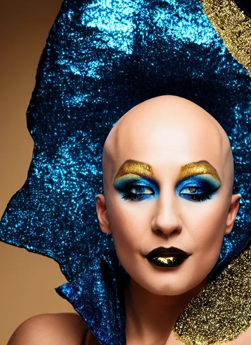 Image similar to wide shot photo of a beautiful bald woman with blue irises, gold and black makeup, tanned skin, dancing in gold rainstorm of glitter