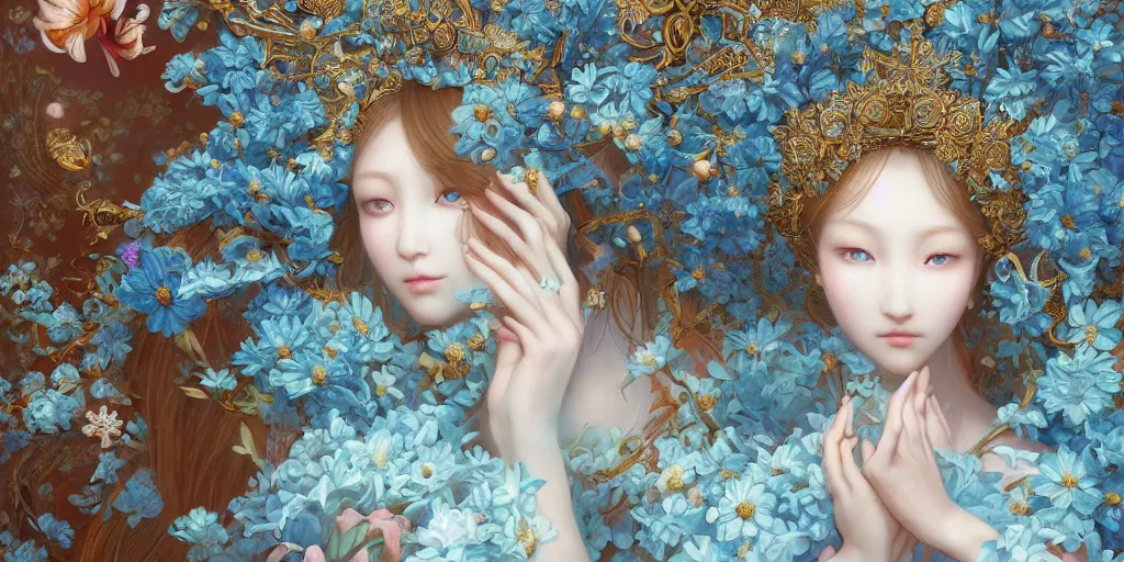 Prompt: breathtaking detailed concept art painting of the in love goddess of light blue flowers, orthodox saint, with anxious, piercing eyes, ornate background, amalgamation of leaves and flowers, by Hsiao-Ron Cheng, James jean, Miho Hirano, Hayao Miyazaki, extremely moody lighting, 8K