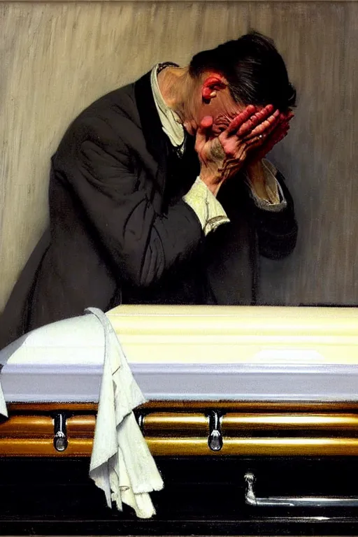 Prompt: a sad man mourning over a casket by sydney prior hall and alfred stevens and sherree valentine daines and norman rockwell, casket, grey cloth, highly detailed, deep shadows, accurate face, hyperrealism