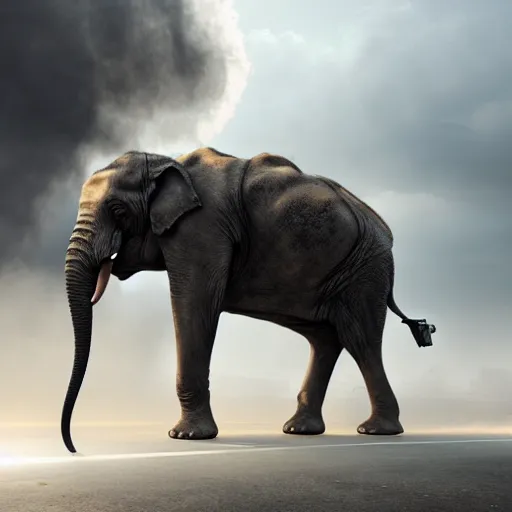 Prompt: apocalyptic, a terminator elephant walking on the future street. smoke. volumetric lighting, sharp focus, ultra detailed, cgsociety - w 1 0 2 4 - n 8 - i