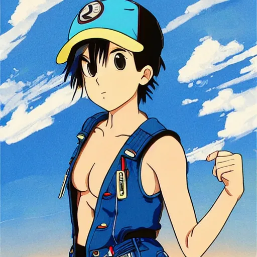 Image similar to a beautiful! boyish! natalie portman as bulma alluring gravure! model, wearing hip hop mayan bomber jacket and leotard with native style overalls, bulky poofy bomber jacket with mayan patterns, guilty gear art style, trending on pixiv, painted by makoto shinkai takashi takeuchi studio ghibli, akihiko yoshida