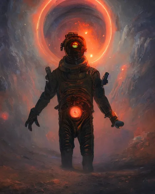 Image similar to oil painting of lovecraftian sci-fi demon, wearing space suit, sharp focus, holding sci-fi rifle, magical aura, heroic pose, fantasy style, octane render, volumetric lighting, 8k high definition, by greg rutkowski, highly detailed, trending on art Station, magic the gathering artwork, Spaceship hallway backround, centered