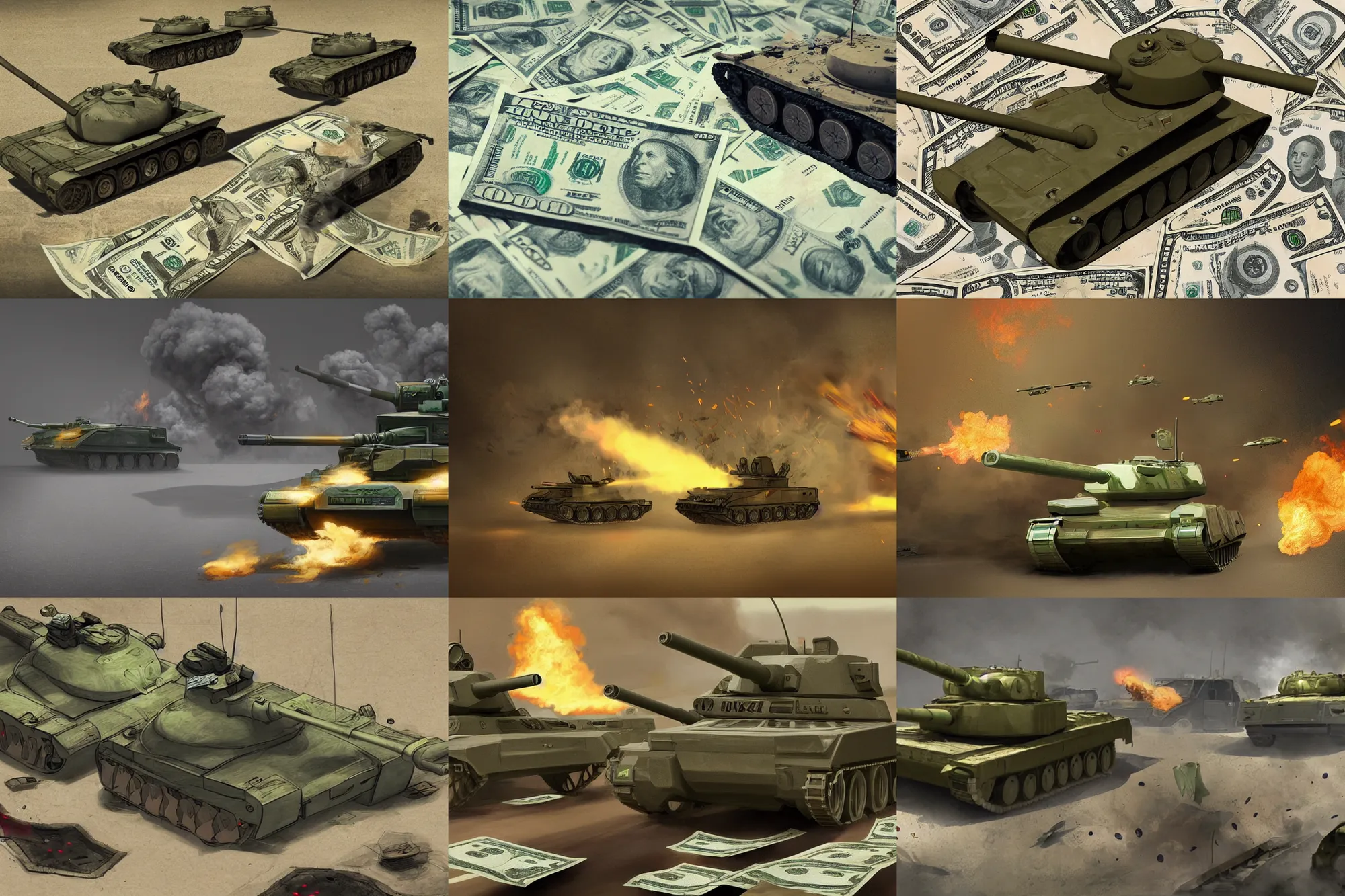 Prompt: tank fires with dollar banknotes, digital art, trending on artstation