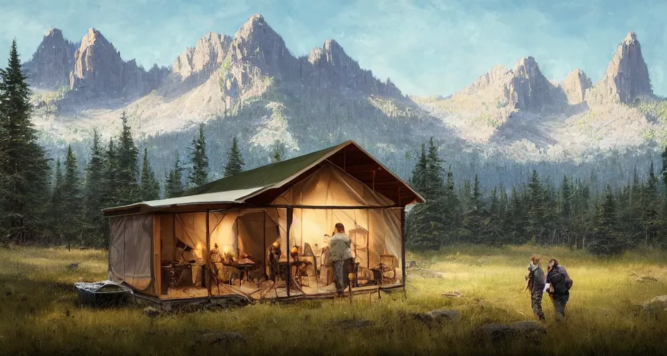 Image similar to cabela's beautiful comfortable modular pop - up insulated all terrain family dwelling, cabin,, person in foreground, mountainous forested wilderness open fields, beautiful views, painterly concept art, joanna gaines, environmental concept art, farmhouse, magnolia, concept art illustration, by james gurney, by craig mullins, by greg rutkowski trending on artstation