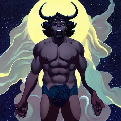 Image similar to Joshua Middleton comic art, A large black bison deity with bright fiery eyes, Dark Bison God, thick black smoke, nebulous, stormy skies, midnight, indigo, Ancient Mesoamerican god, American Gods