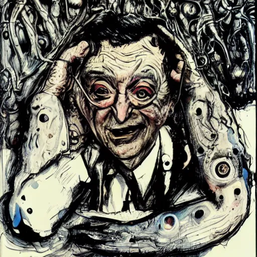 Image similar to George Soros by Ralph Steadman, illustration, body horror, biopunk