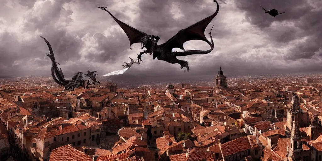 Image similar to the monumental city of caceres with smaug flying over it, dramatic lighting, cinematic, extremly high detail, photorealistic, cinematic lighting, post processed, concept art, artstation, matte painting, style by greg rutkowsky