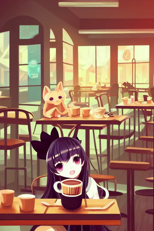 Image similar to detailed painting of a cute character with animal ears relaxing inside a cafe, vector art by kobaruta and shinonoko, featured on pixiv, romanticism, warm lighting, 2 d game art, flat shading, pixiv