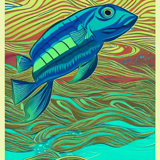 Prompt: one stylized fish with saturated colors in the ocean viewed in profile, seaweed, background with complex patterns and muted colors, sparkles, artstation, intricate, realistic, highly detailed, digital painting, concept art, sharp focus, illustration by tom whalen and charles williams and kilian eng and james jean