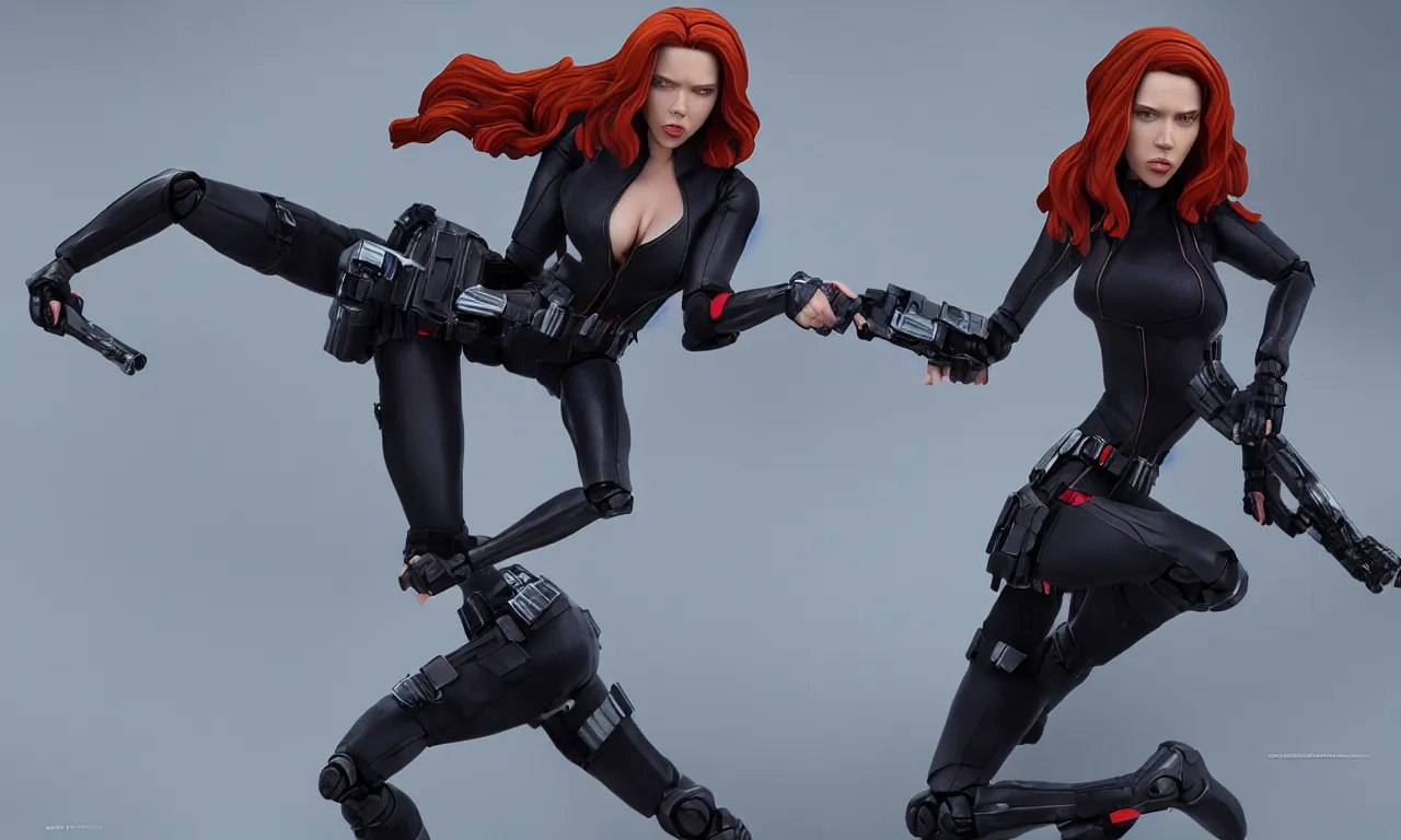 Prompt: action figure of Black Widow Scarlett Johansson in a dynamic pose, full subject in frame, deep color, low key lighting, cinematic lighting, artstation trending,