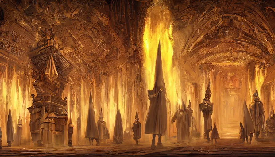 Prompt: An Enigmatic Ritual Performed by hooded figures in a detailed temple, dynamic lights and shadows, concept art, vibrant color palette, Cinematic Lighting, highly detailed, 8k