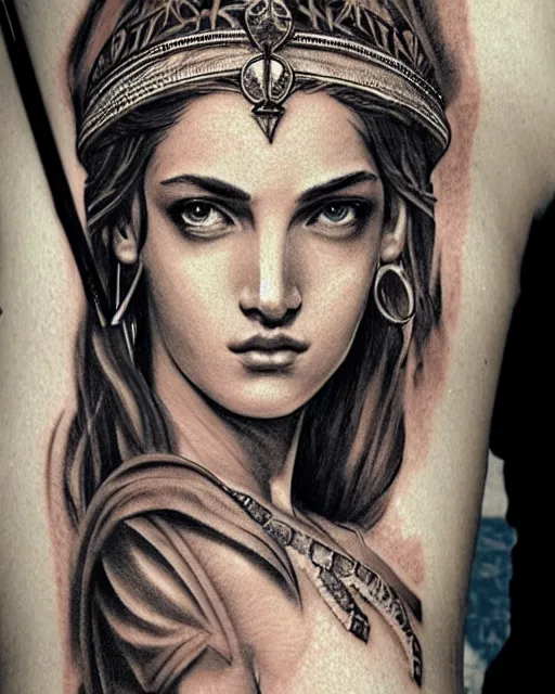 Image similar to realism tattoo sketch of a beautiful greek goddess aphrodite with piercing eyes wearing a laurel wreath and triangle earrings, in the style of greg rutkowski, amazing detail