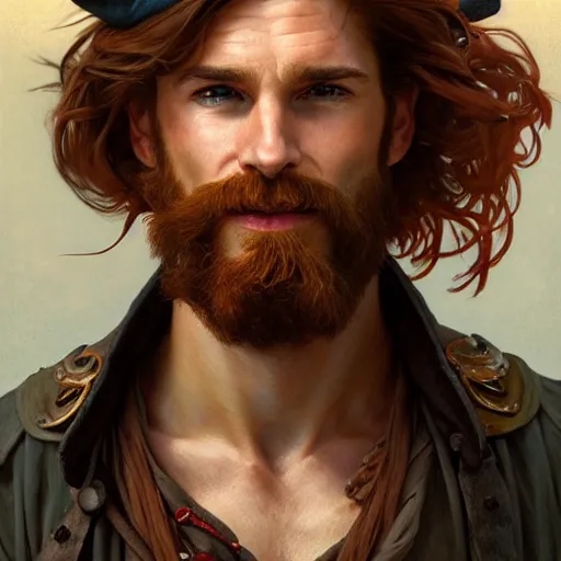 Prompt: portrait of a young ruggedly handsome but joyful pirate, male, masculine, upper body, red hair, long hair, d & d, fantasy, mischievous smirk, intricate, elegant, highly detailed, digital painting, artstation, concept art, matte, sharp focus, illustration, art by artgerm and greg rutkowski and alphonse mucha