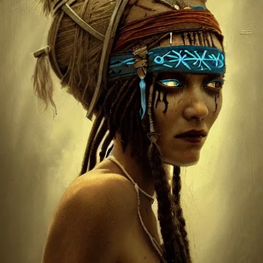 Image similar to A young blindfolded shaman woman with a decorated headband, in the style of heilung, blue hair dreadlocks and wood on her head, atmospheric lighting, intricate detail, cgsociety, ambient light, dynamic lighting, art by karol bak