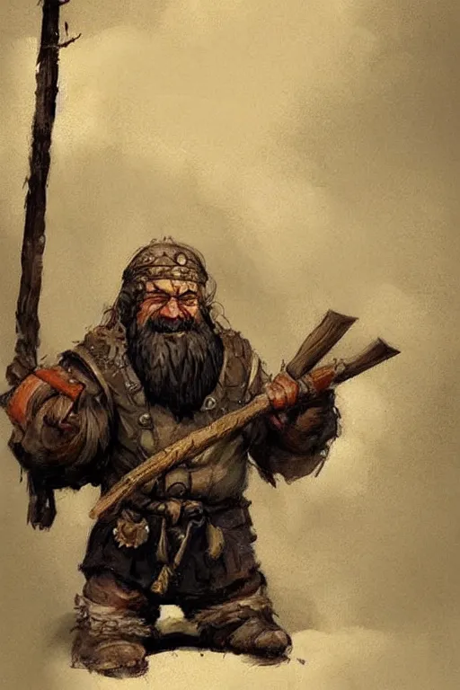 Prompt: a dwarf in hide clothes holding an axe, leaning against an ax, hatchet!!! concept art in style of Greg Rutkowski, painted by Frank Frazetta, John Singer Sargant