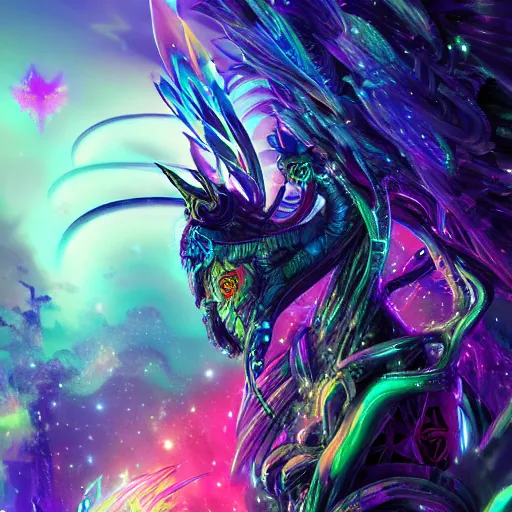 Prompt: a cyberpunk fairy dragon breathing out a tornado of life to the cosmic forest of stars 4 k hyper detailed trippy vibrant colors contrasting hues high frequency detail artstation trending octane path traced hyperrealistic photoreal bokeh