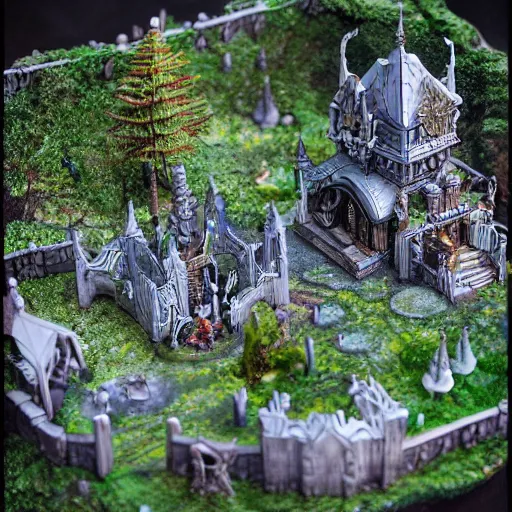 Prompt: Isometric angle photo of an elaborate intricate mystical elven fantasy city diorama.