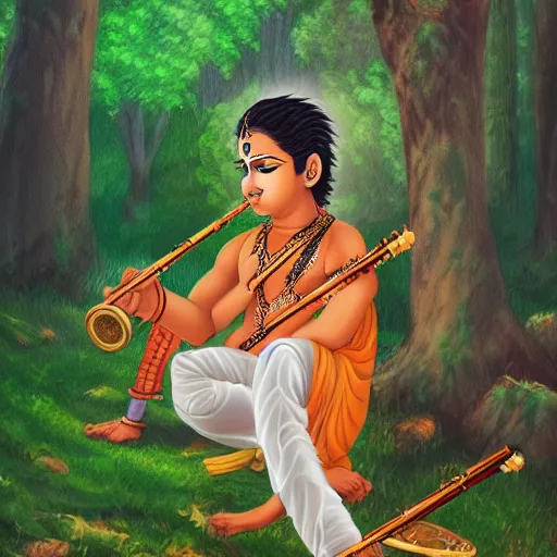 Image similar to Young Krishna playing flute in forest and all animals listen his melodious music , Zoom out ,anime style, artstation, devainart ,illustration, scenery,