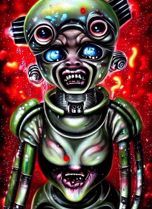 Prompt: a dramatic emotional hyperrealistic renaissance oil panting of a sad sobbing grotesque kawaii mecha musume figurine caricature screaming with a scrunched up red face uglycrying wrinkly with big pretty sparkling anime eyes featured in dead space by h r giger made of dripping paint splatters in the style of uzumaki, 🤬 🤮 💕 🎀