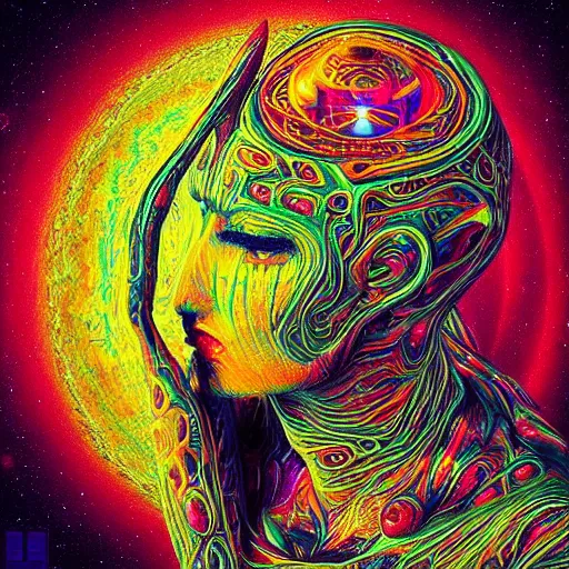 Prompt: “photo of a beautiful extraterrestrial woman goddess, psychedelic, dmt, lsd, epiphany, fractals, alien forms, organic, acidic, acid, 8k”