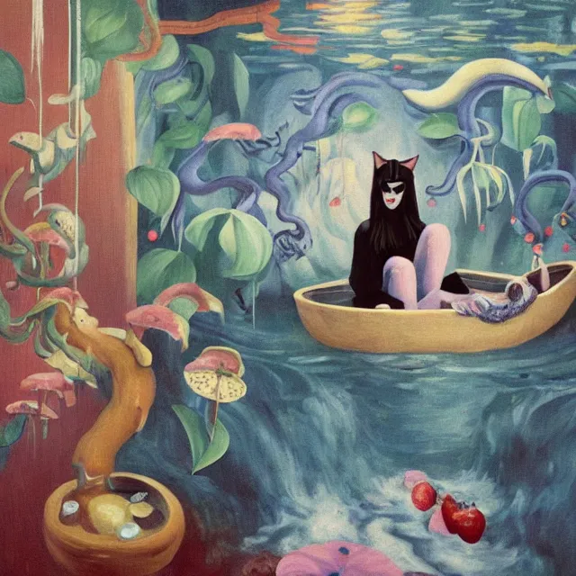 Image similar to tall female catgirl artist holding berry pancakes in her flooded apartment, pomegranates, octopus, water gushing from ceiling, painting of flood waters inside an artist's apartment, a river flooding indoors, mushrooms, ikebana, zen, rapids, waterfall, black swans, canoe, berries, acrylic on canvas, surrealist, by magritte and monet