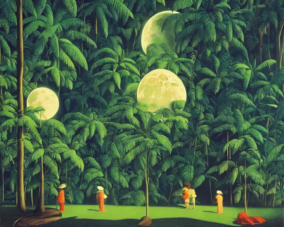 Image similar to an achingly beautiful print of the lunar module in the middle of a tropical rainforest by Raphael, Hopper, and Rene Magritte. detailed, romantic, enchanting, trending on artstation.