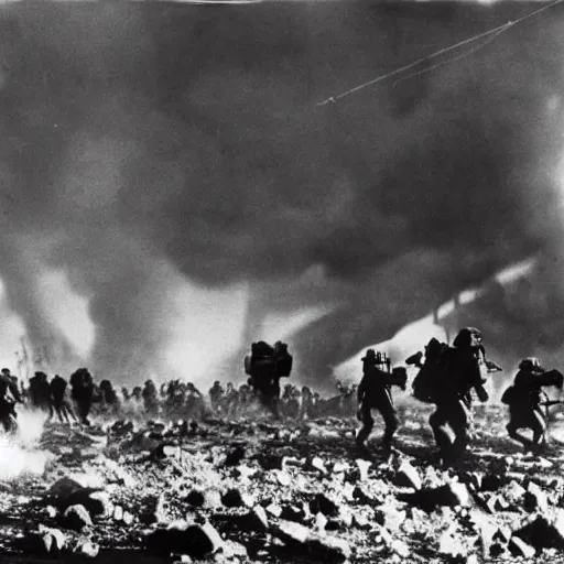 Prompt: martian invasion, world war 1, black and white photograph