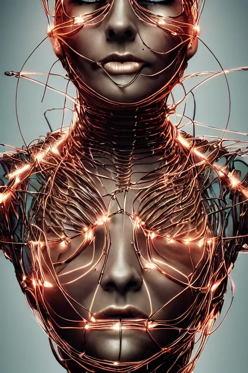 Image similar to organic cyborg head wrapped in barb wire by Hajime Sorayama and Jamie Coreth, trending on artstation, centered, symmetrical, cinematic lighting, electric hair, bilateral symmetry, 80s poster, polished, thick smoke, retro dark vintage sci-fi, 2D matte illustration