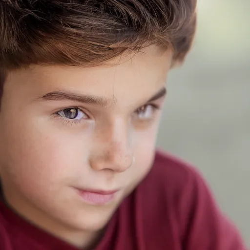 Image similar to a closeup portrait of a boy with brown hair and brown eyes. Extremely clear and high quality eyes with reflection in this, realistic face and details, clear lips and high quality