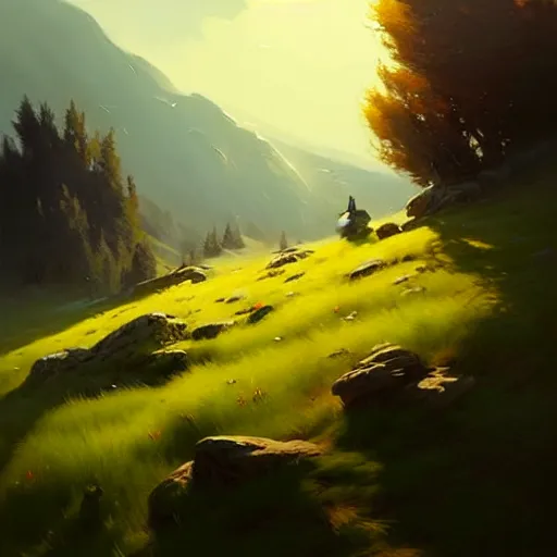 Image similar to summer meadow, hills, landscape, concept art, style of Greg Rutkowski