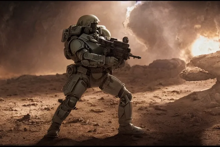 Image similar to VFX movie of a futuristic spacemarine in war zone, shooting gun natural lighting by Emmanuel Lubezki