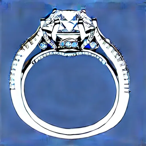 Image similar to sketch of engagement ring with two smaller diamonds outside and one bigger diamond in the middle, hyper detailed