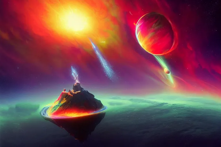 Prompt: a colorful comet spinning in a deep space nebula with majestic perfectly spherical planets made of ice, art by ivan aivazovsky and chris foss and lise deharme, beeple, trending on artstation, trending on behance, complementary colors