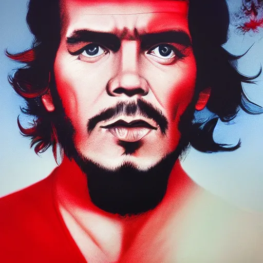 Image similar to colour masterpiece surreal closeup portrait photography of che guevara by miho hirano and annie leibovitz and michael cheval, red and white smoke background, 8 k