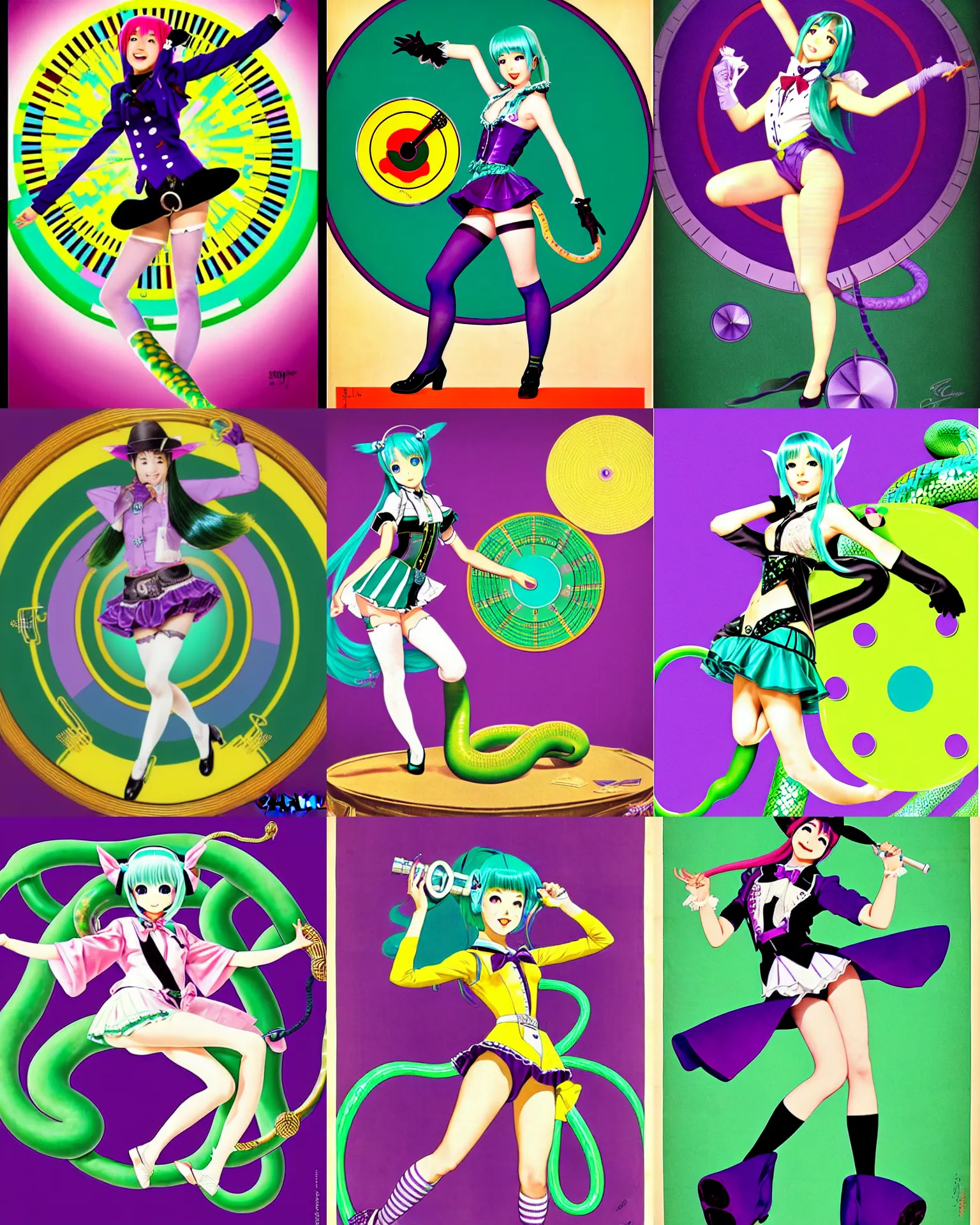 Prompt: hatsune Miku wearing purple green cowboy costume dancing in front of hyper bullish snake oil pie chart by Gil Elvgren and Enoch Bolle