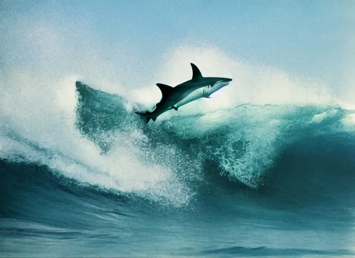 Image similar to color photo of a shark fin in the water. surfergirl riding a big wave in the 8 0's