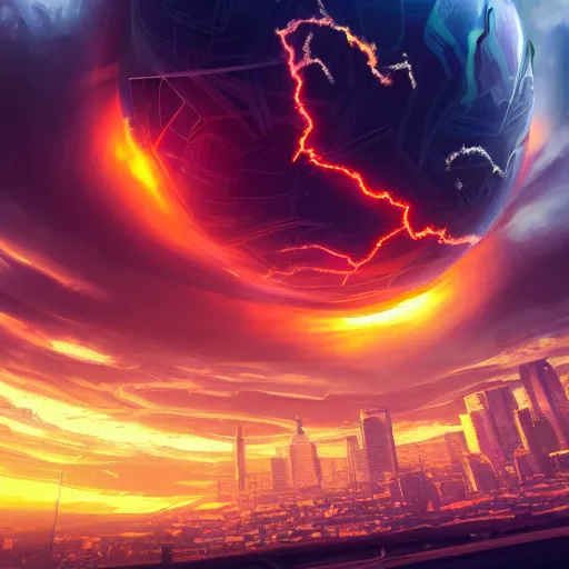 Prompt: a massive black glowing sphere in the center of the sky surrounded by swirling firestorm clouds, a detailed wide cityscape modern, wide perspective, highly detailed digital art, cinematic, bright colors, hyper realism, oil on canvas, trending on Artstation, octane render