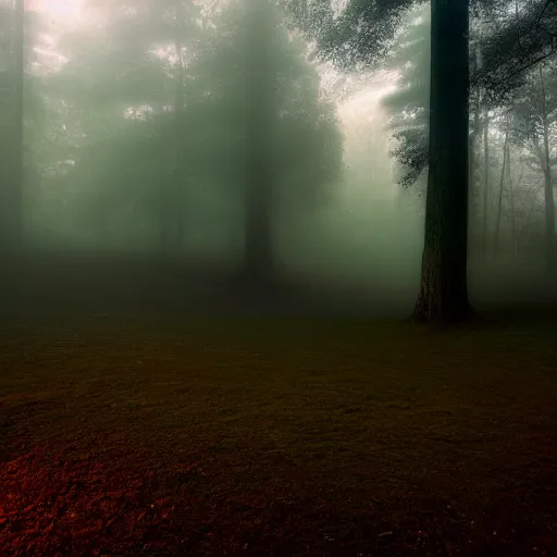 Prompt: dreamlike visage of a vending machine alone in a forest knoll, mystical, unusual, serene, foggy, dawn lighting, dew, mountain forest, hyperdetailed