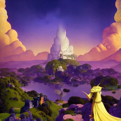 Image similar to a magical wizard in front of a big and structured landscape of a big and structured fantasy kingdom city by Maxfield Parrish, digital art 8k, trending on artstation, anime, unreal engine