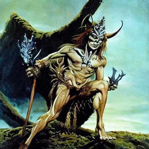 Prompt: The goblin king wearing a bone crown, painting by Frank Frazetta, detailed, 4k