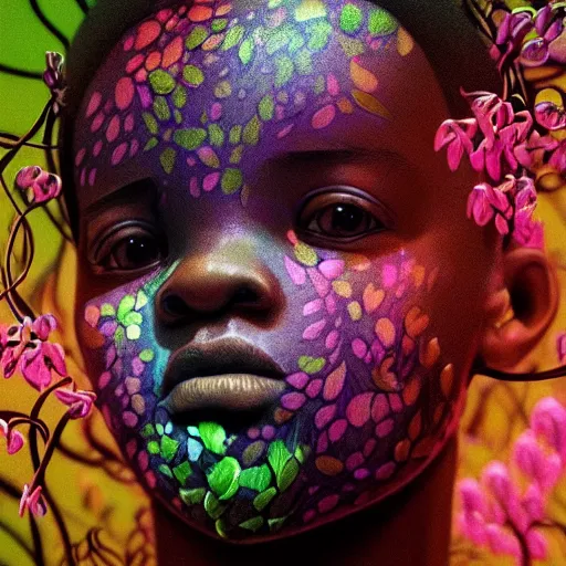 Image similar to colourful vfx art - portrait of nigerian boy wrapped in flowers & vines, art by zdzisaw beksinski & james jean, volumetric light, ray tracing, sharp, detailed, digital painting, illustration, highly detailed, intricate detail, unreal engine, octane render, global light, pinterest, behance, art station,