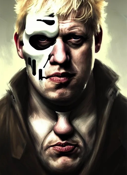 Image similar to Boris Johnson as Punisher, portrait, elegant, intimidating pose, very detailed face, studio lighting, photorealism, wearing armor plate with a skull,Livia Prima,Mucha,fantasy art,beautiful,artstation,trending on artstation,intricate details,alluring,masterpiece