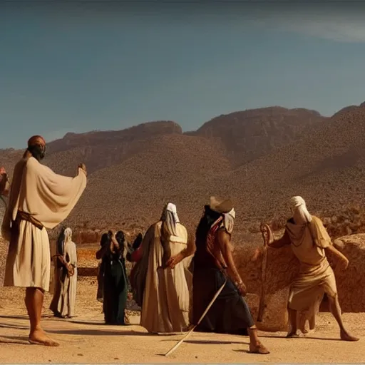 Image similar to moses and the hebrew people in desert praising a golden snake, cinematic view, ultra hd