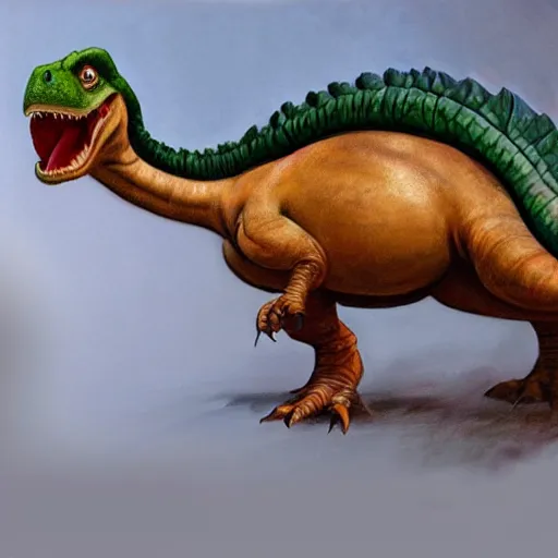 Image similar to An ultra realistic portrait painting of Yoshi the Dinosaur wearing his saddle in the style of Frank Frazetta, 4k, Ultrarealistic, Highly Detailed, Dark Fantasy, Epic Lighting